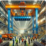 Industrial crane with workers demonstrating crane buffers energy absorption system for impact protection